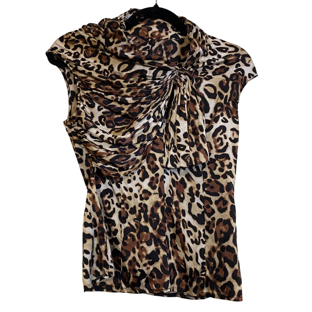 Bebe Silk Leopard Print Sleeveless Draped Knot Blouse Top Brown Tan 60AGL101